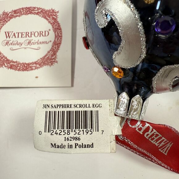 Waterford Sapphire Scroll Egg Jeweled Blown Glass Ornament Rare 1997 Handmade - Picture 11 of 13